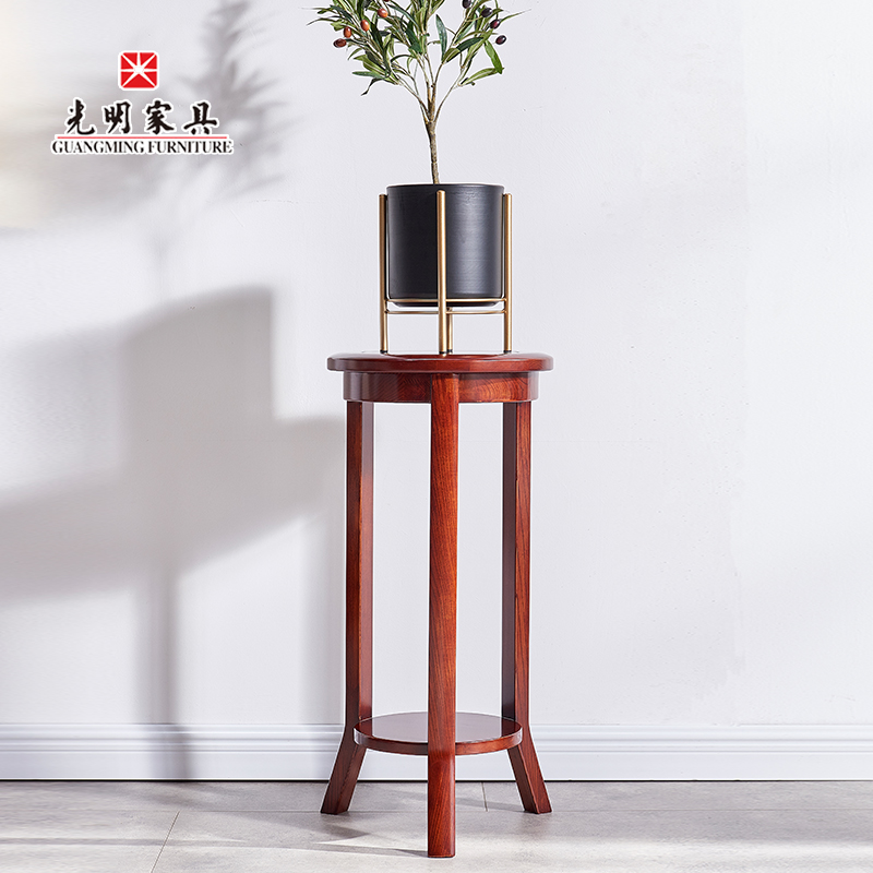 【光明家具】水曲柳實木花架，圓形木質書房置物架，客廳落地花架花幾108B-82520-80